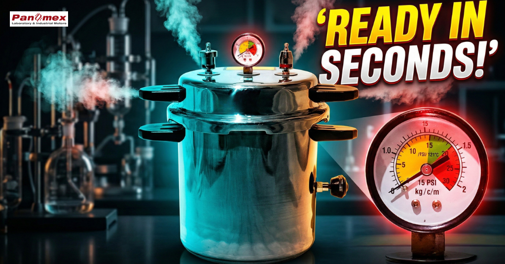 Stainless steel sterilizer unit venting steam with a close-up of a pressure gauge displaying 15 PSI autoclave pressure at 121°C for effective sterilization.