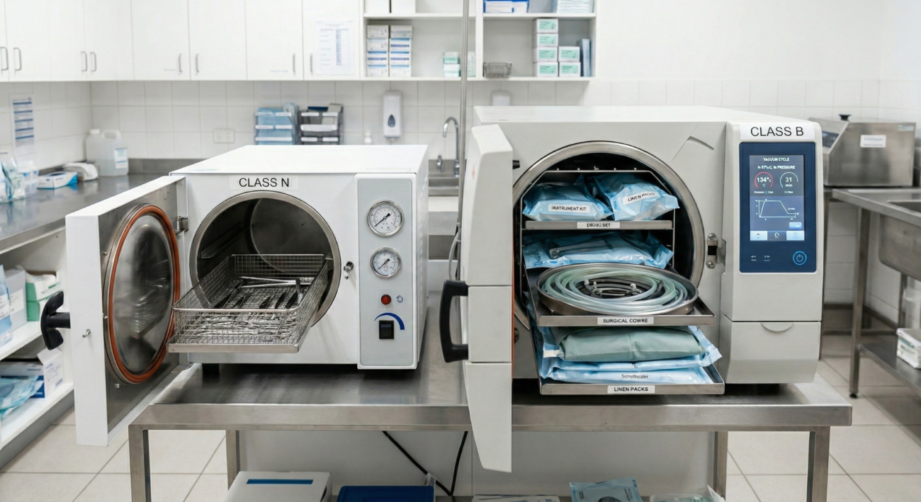 Side-by-side comparison of a Class N gravity autoclave and a Class B vacuum autoclave in a medical sterilization room.