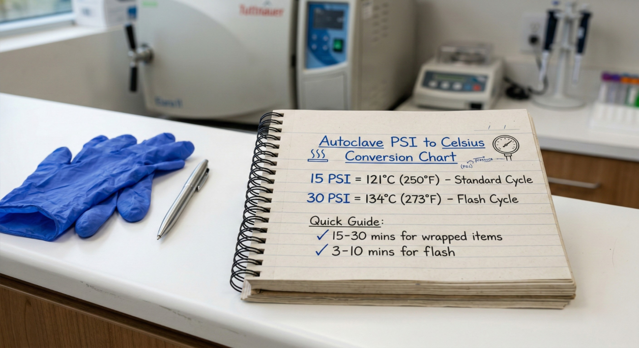 A handwritten notebook showing an Autoclave PSI to Celsius Conversion Chart with 15 PSI at 121°C for standard cycles and 30 PSI at 134°C for flash cycles.