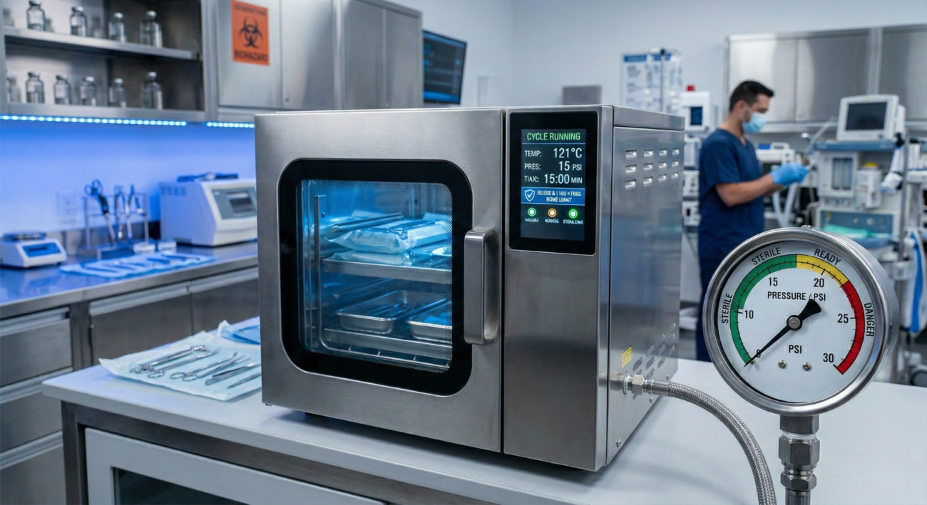 Modern laboratory autoclave machine showing 121°C temperature and 15 PSI pressure for medical sterilization in a clinical lab setting.