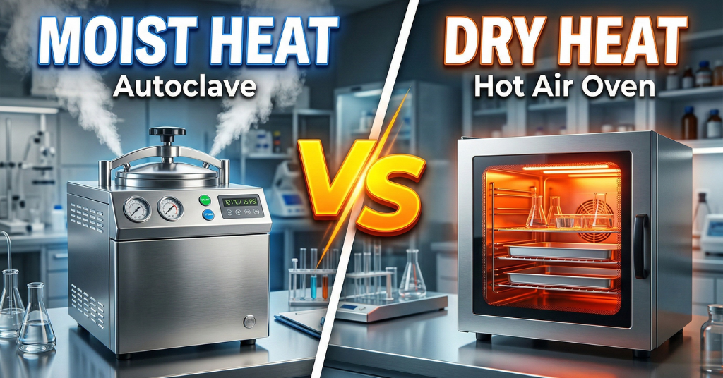 Technical difference between autoclave and hot air oven showing moist heat vs dry heat sterilization in a laboratory setting.