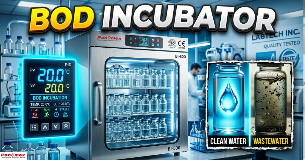 Panomex BOD Incubator showing 20.0°C digital PID controller, internal stainless steel chamber with BOD bottles, and a comparison of clean water vs wastewater for BOD analysis.