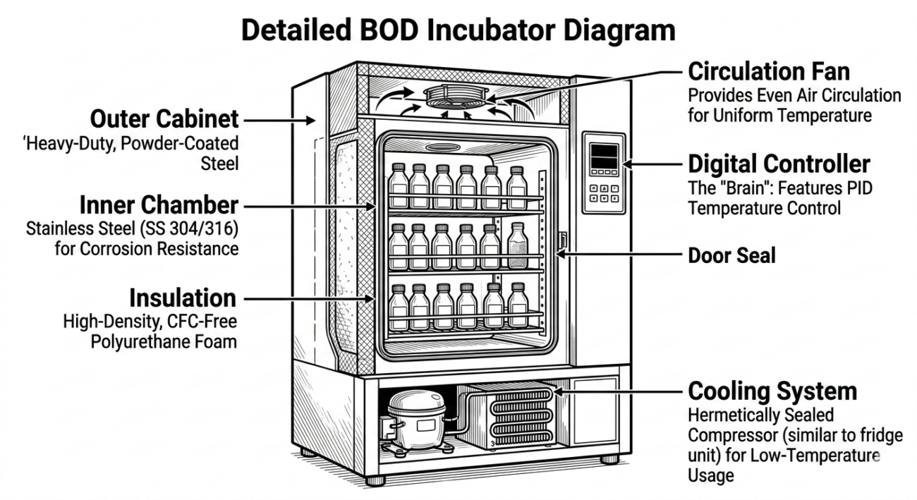 Detailed BOD Incubator Diagram with Labels

Understanding the anatomy of this lab equipment for wastewater will improve their usage. A normal BOD Incubator Diagram consists of various high-tech features that work together: